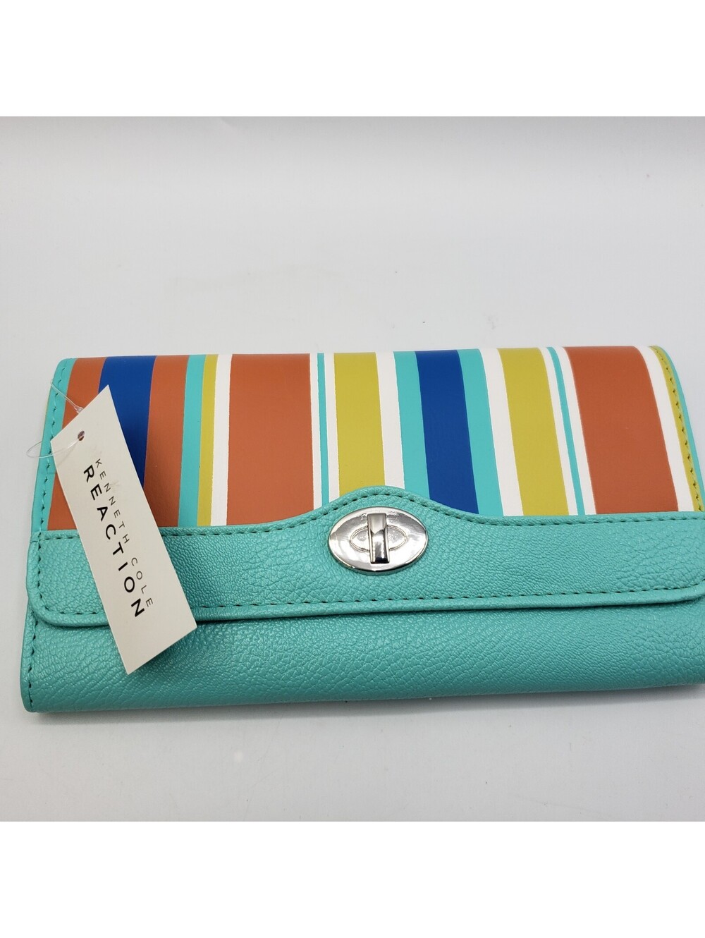Kenneth Cole Reaction Wallet NWT  Teal with Colorful Stripes Snap Closure